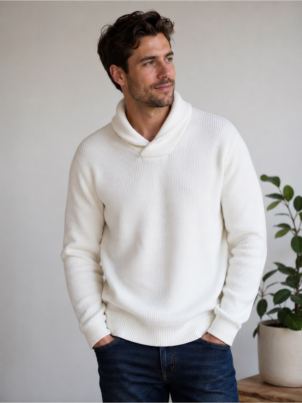 EXPRESS Men's wShawl Collar Sweater - White 100% Cotton